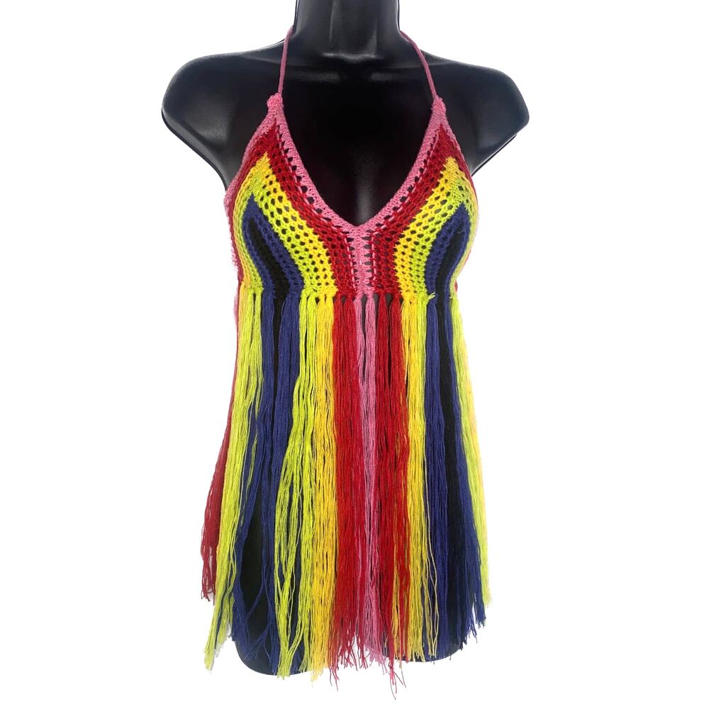 NWT Rainbow Small Knit Crochet Fringe Backless Halter Top Blouse
